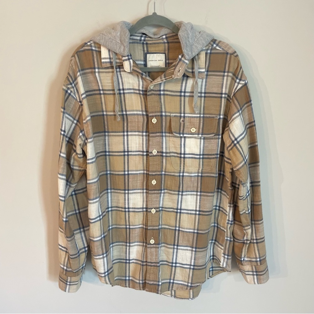 American Eagle Plaid Hooded Button Down Size M